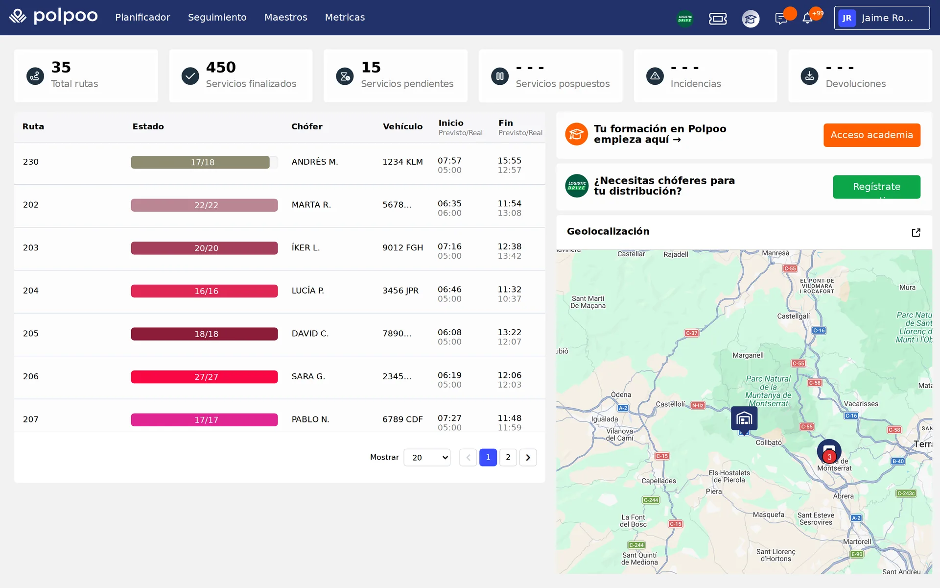 El panel del día de Polpoo: rutas, chóferes, estados de servicio y mapa en vivo (datos de ejemplo)