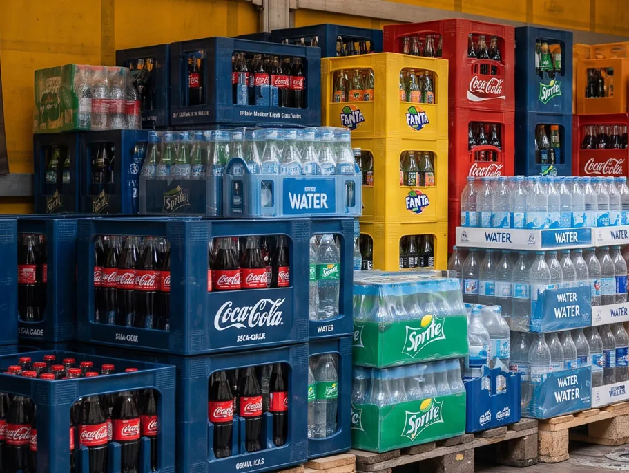 Cajas y palés de refrescos, agua y cerveza apilados en el almacén de una distribuidora de bebidas