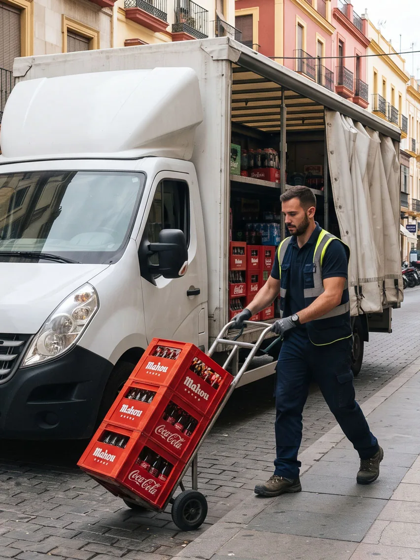 Repartidor descargando cajas de bebidas con una carretilla de mano junto al camión, en la calle
