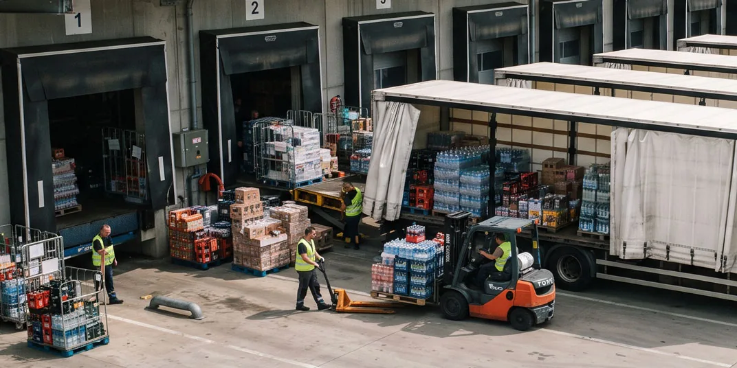 Muelle de carga de una distribuidora de bebidas: camiones en los andenes, palés de agua y refrescos y una carretilla elevadora