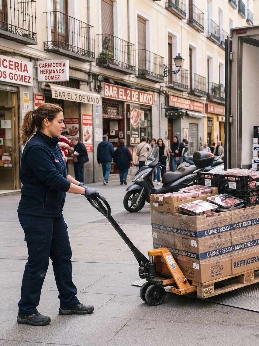 Repartidora moviendo con una transpaleta un palé de carne fresca refrigerada hasta la puerta de una carnicería de barrio