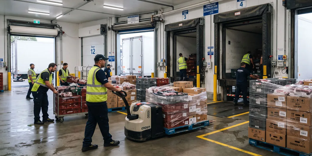 Muelle de carga refrigerado de una distribuidora cárnica con operarios preparando palés de carne junto a los camiones