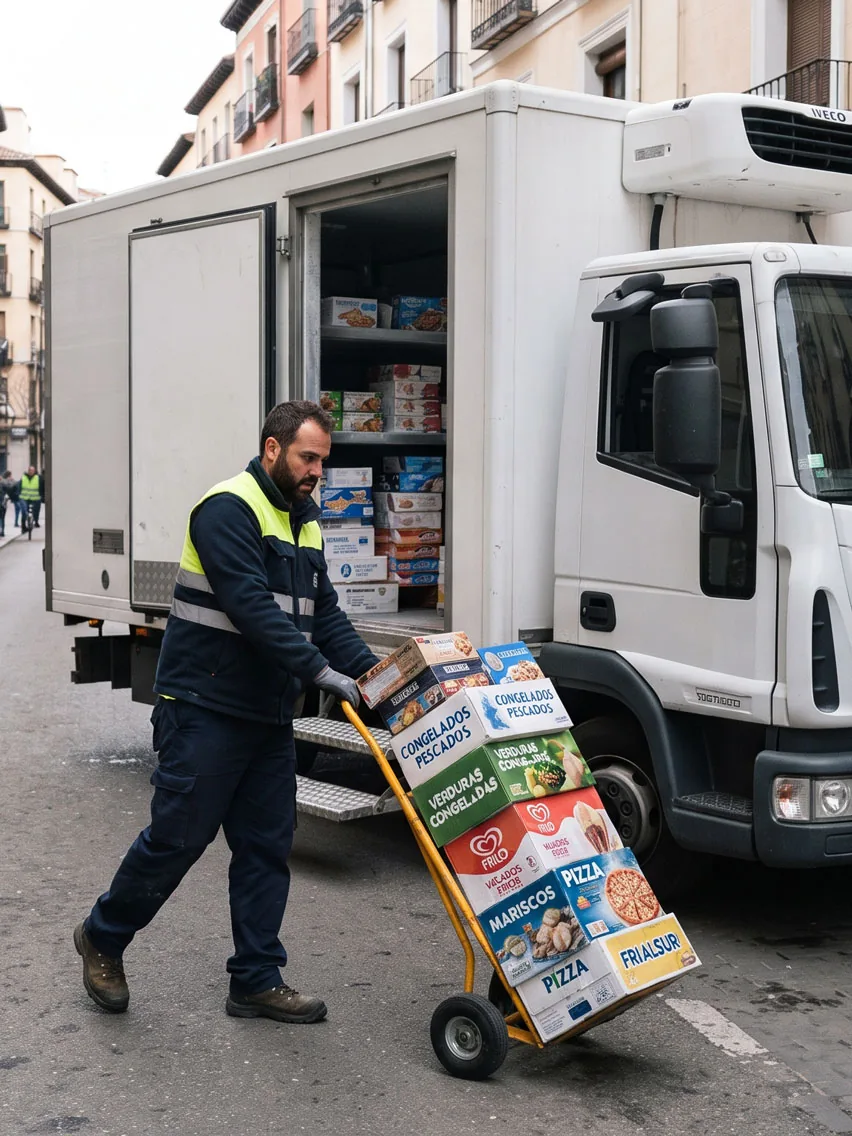 Repartidor bajando cajas de congelados con una carretilla de mano desde un camión frigorífico, en la calle