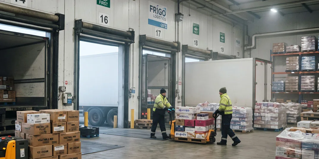 Muelle de carga refrigerado a -20 grados con dos operarios moviendo un palé de producto congelado entre los andenes