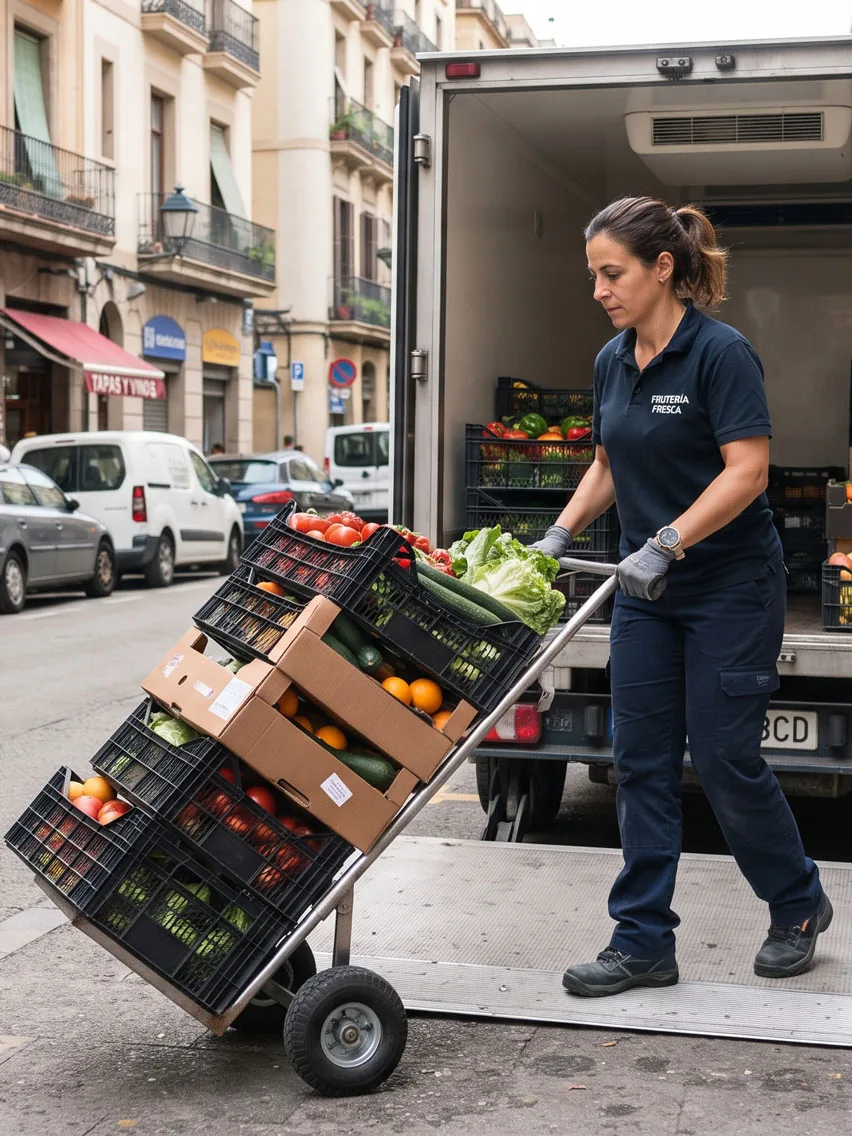 Repartidora llevando cajas de fruta y verdura con una carretilla desde el camión hasta una frutería de barrio
