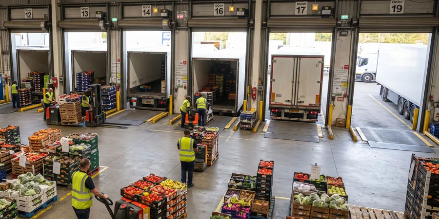 Nave de una distribuidora de fruta y verdura con los muelles abiertos y operarios preparando palés de género fresco