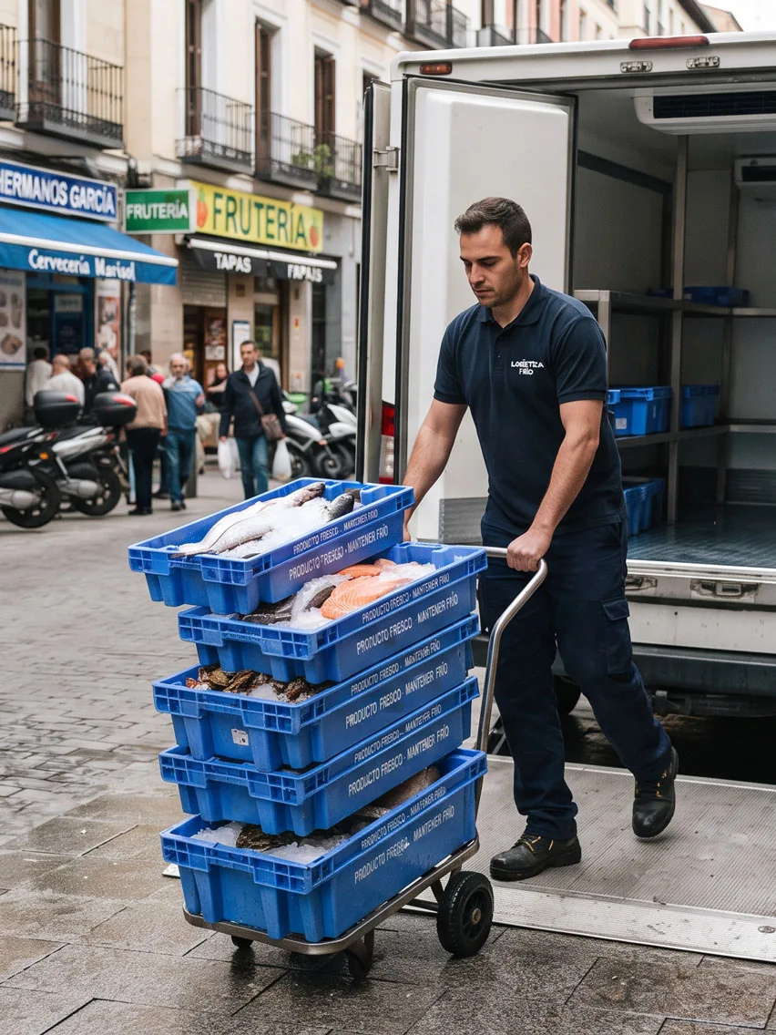 Repartidor llevando una torre de cajas de pescado fresco sobre hielo con una carretilla, junto al camión frigorífico