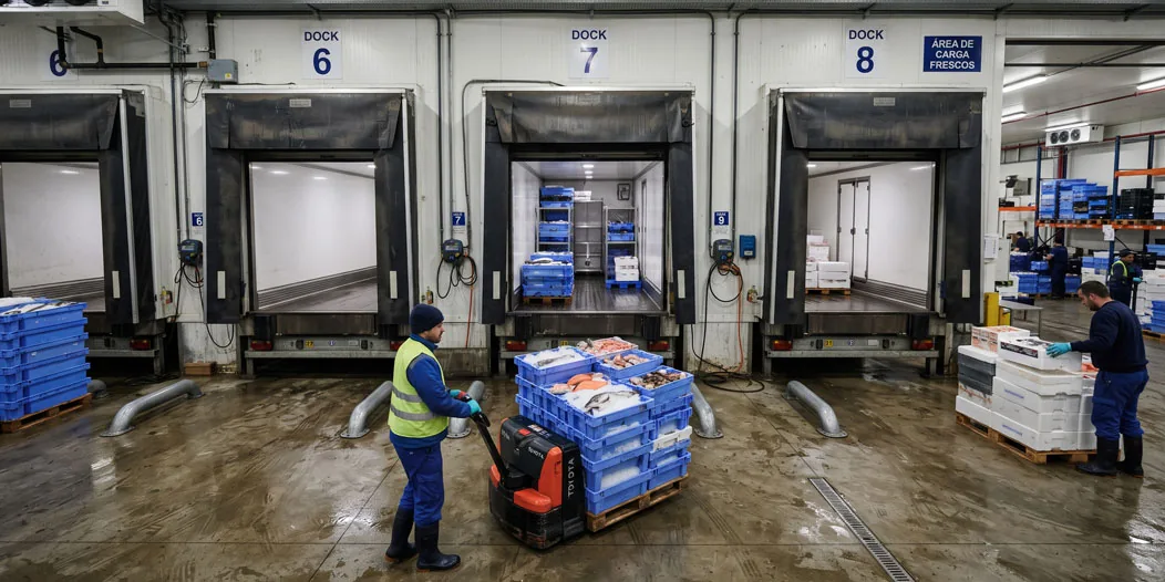Área de carga de fresco con los muelles abiertos y un operario moviendo un palé de cajas de pescado sobre hielo