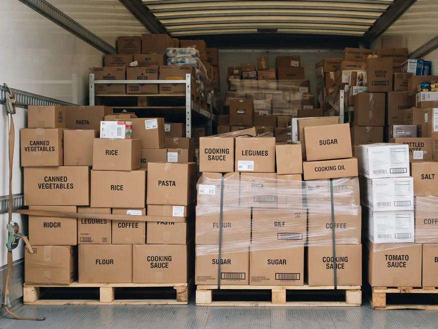 Camión de reparto cargado con palés de conservas, arroz, pasta, harina y aceite en la nave de una distribuidora de alimentación seca