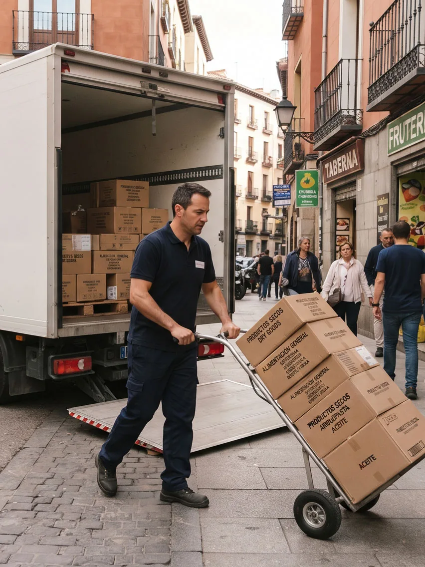 Repartidor bajando cajas de productos secos con una carretilla desde el camión, en una calle con tiendas